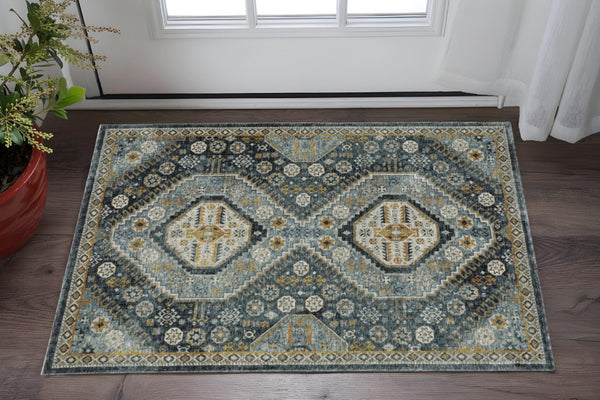 HomeRoots 2' Elegant Blue and Gold Oriental Power Loom Runner Rug - Stain Resistant with Traditional Fringe 3' x 5' 508089