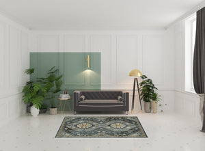 Homeroots 5' X 8' Blue Gold Ivory And Navy Oriental Power Loom Stain Resistant Area Rug With Fringe  Polyester 508090