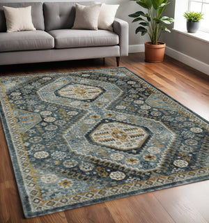 HomeRoots 2' Elegant Blue and Gold Oriental Power Loom Runner Rug - Stain Resistant with Traditional Fringe 5' X 8' 508090