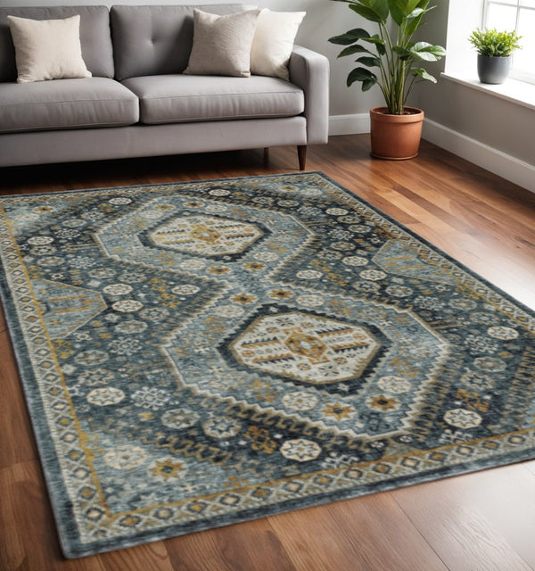HomeRoots 2' Elegant Blue and Gold Oriental Power Loom Runner Rug - Stain Resistant with Traditional Fringe 5' X 8' 508090