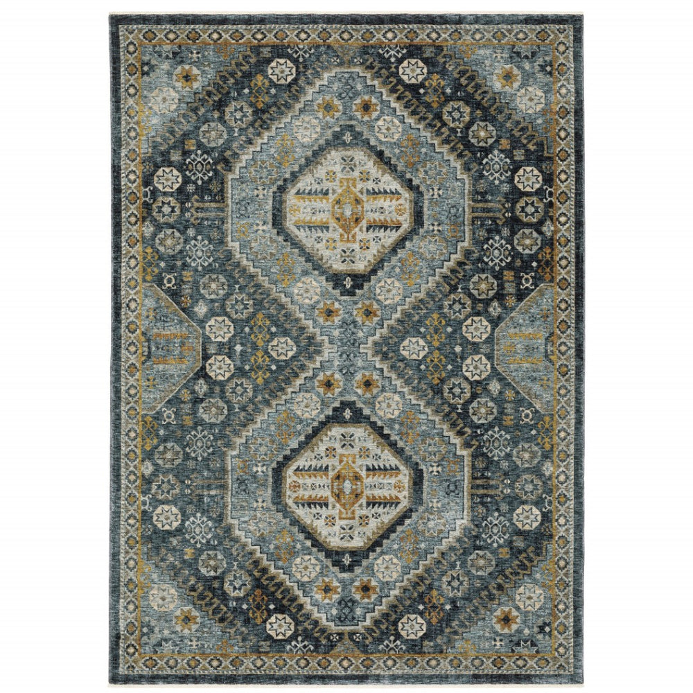 HomeRoots 2' Elegant Blue and Gold Oriental Power Loom Runner Rug - Stain Resistant with Traditional Fringe 10' X 13' 508093