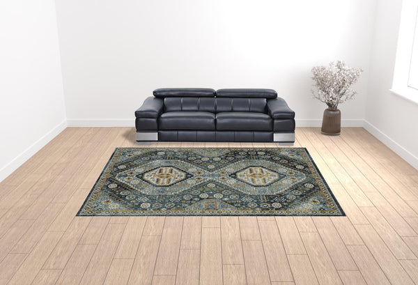 Homeroots 10' X 13' Blue Gold Ivory And Navy Oriental Power Loom Stain Resistant Area Rug With Fringe  Polyester 508093