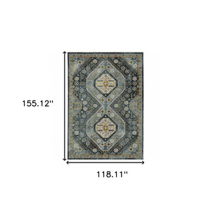 HomeRoots 2' Elegant Blue and Gold Oriental Power Loom Runner Rug - Stain Resistant with Traditional Fringe 10' X 13' 508093