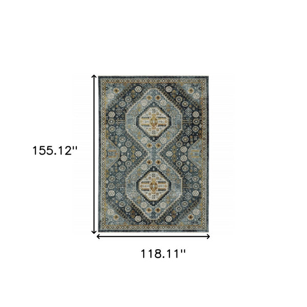 HomeRoots 2' Elegant Blue and Gold Oriental Power Loom Runner Rug - Stain Resistant with Traditional Fringe 10' X 13' 508093