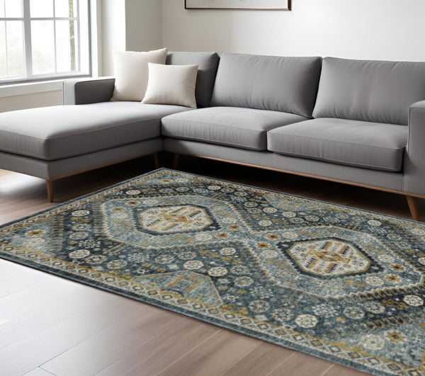 HomeRoots 2' Elegant Blue and Gold Oriental Power Loom Runner Rug - Stain Resistant with Traditional Fringe 10' X 13' 508093