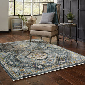 Homeroots 10' X 13' Blue Gold Ivory And Navy Oriental Power Loom Stain Resistant Area Rug With Fringe  Polyester 508093