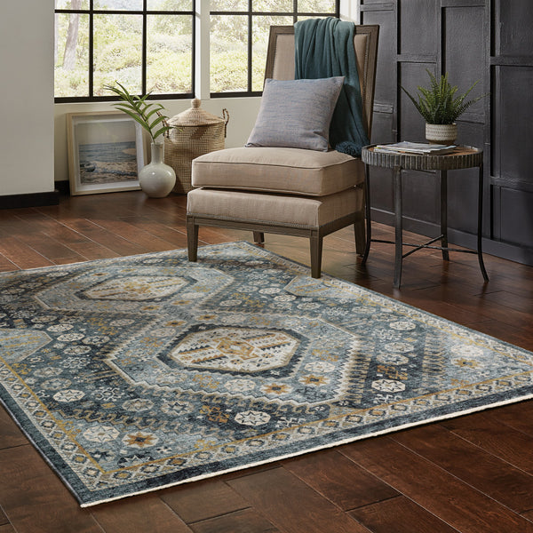 Homeroots 10' X 13' Blue Gold Ivory And Navy Oriental Power Loom Stain Resistant Area Rug With Fringe  Polyester 508093