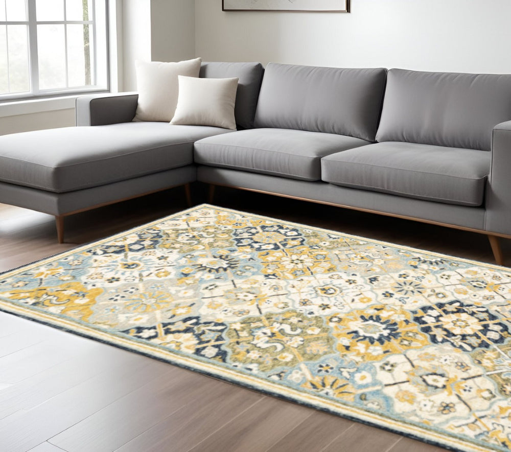 HomeRoots 10' Geometric Tufted Handmade Area Rug – Stain-Resistant Comfort in Blue, Green, Gold & Navy 10' X 13' 508094