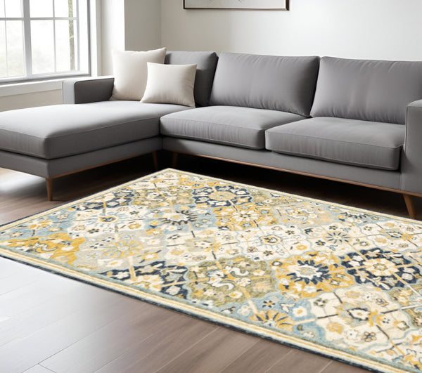 HomeRoots 10' Geometric Tufted Handmade Area Rug – Stain-Resistant Comfort in Blue, Green, Gold & Navy 10' X 13' 508094