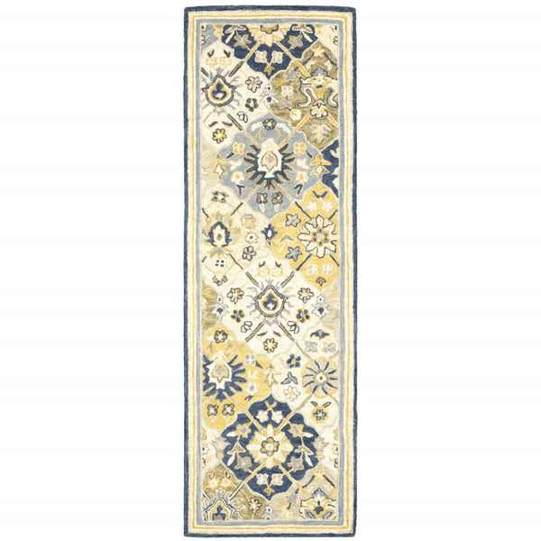 HomeRoots 10' Geometric Tufted Handmade Area Rug – Stain-Resistant Comfort in Blue, Green, Gold & Navy 2'6" x 8' 508095