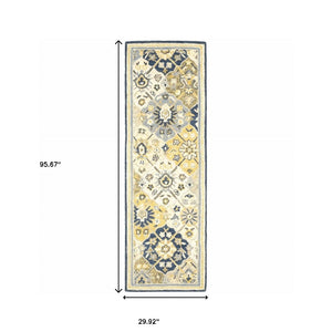 HomeRoots 10' Geometric Tufted Handmade Area Rug – Stain-Resistant Comfort in Blue, Green, Gold & Navy 2'6" x 8' 508095