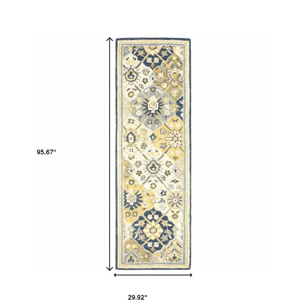 HomeRoots 10' Geometric Tufted Handmade Area Rug – Stain-Resistant Comfort in Blue, Green, Gold & Navy 2'6" x 8' 508095