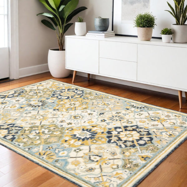 HomeRoots 10' Geometric Tufted Handmade Area Rug – Stain-Resistant Comfort in Blue, Green, Gold & Navy 4' X 6' 508096