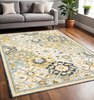 HomeRoots 10' Geometric Tufted Handmade Area Rug – Stain-Resistant Comfort in Blue, Green, Gold & Navy 5' X 8' 508097