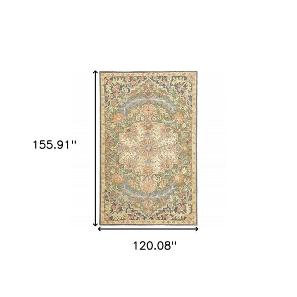 HomeRoots 10' Hand-Tufted Wool Area Rug in Blue and Green – Distressed Oriental Design for Elegant Spaces 10' X 13' 508099
