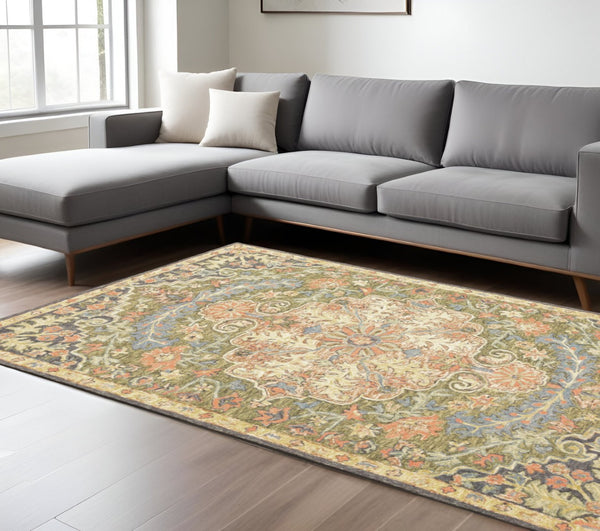 HomeRoots 10' Hand-Tufted Wool Area Rug in Blue and Green – Distressed Oriental Design for Elegant Spaces 10' X 13' 508099