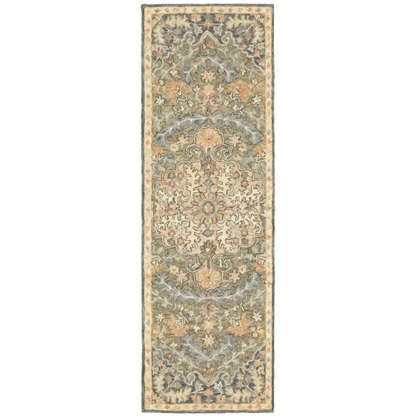 HomeRoots 10' Hand-Tufted Wool Area Rug in Blue and Green – Distressed Oriental Design for Elegant Spaces 2'6" x 8' 508100