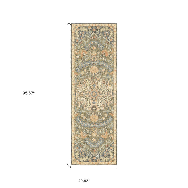 HomeRoots 10' Hand-Tufted Wool Area Rug in Blue and Green – Distressed Oriental Design for Elegant Spaces 2'6" x 8' 508100