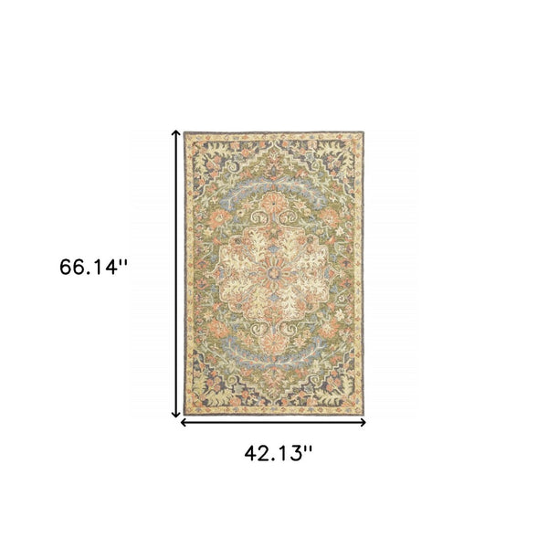HomeRoots 10' Hand-Tufted Wool Area Rug in Blue and Green – Distressed Oriental Design for Elegant Spaces 4' X 6' 508101