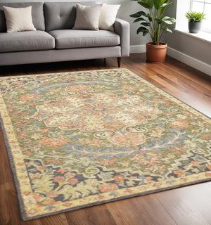 HomeRoots 10' Hand-Tufted Wool Area Rug in Blue and Green – Distressed Oriental Design for Elegant Spaces 4' X 6' 508101