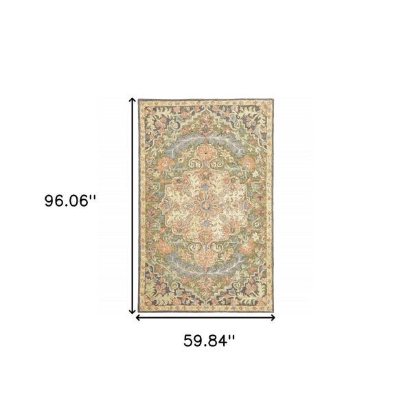 HomeRoots 10' Hand-Tufted Wool Area Rug in Blue and Green – Distressed Oriental Design for Elegant Spaces 5' X 8' 508102