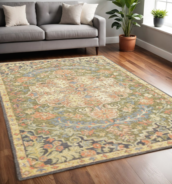 HomeRoots 10' Hand-Tufted Wool Area Rug in Blue and Green – Distressed Oriental Design for Elegant Spaces 5' X 8' 508102