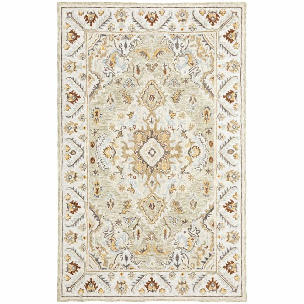 HomeRoots 10' Handmade Oriental Area Rug - Elegant Ivory, Beige & Gold Design, Stain-Resistant Luxury for Homes 10' X 13' 508104