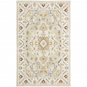 Homeroots 10' X 13' Ivory Beige Gold And Muted Grey Oriental Tufted Handmade Stain Resistant Area Rug  Genuine Wool 508104