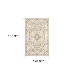 Homeroots 10' X 13' Ivory Beige Gold And Muted Grey Oriental Tufted Handmade Stain Resistant Area Rug  Genuine Wool 508104
