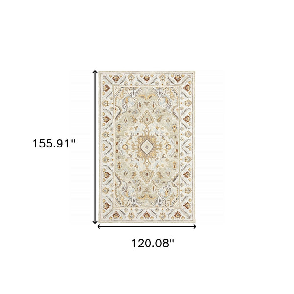 Homeroots 10' X 13' Ivory Beige Gold And Muted Grey Oriental Tufted Handmade Stain Resistant Area Rug  Genuine Wool 508104