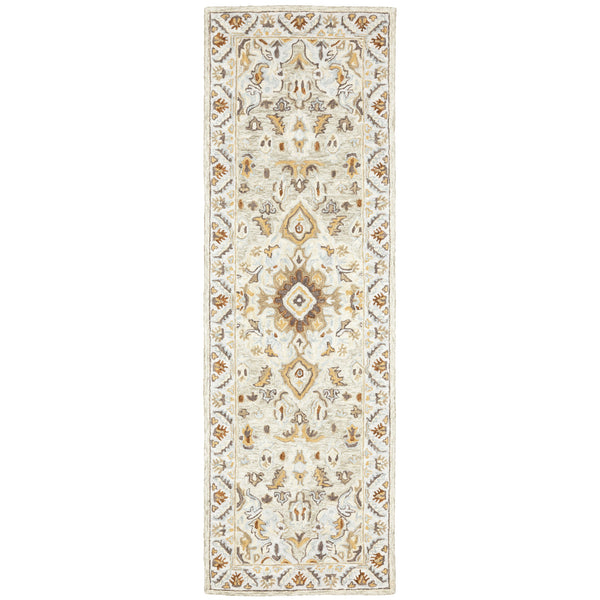 Homeroots 2' X 8' Ivory Beige Gold And Muted Grey Oriental Tufted Handmade Stain Resistant Runner Rug  Genuine Wool 508105