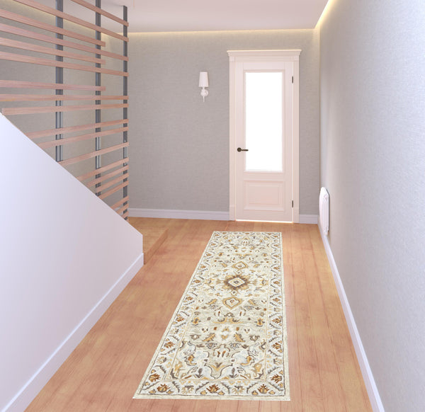 Homeroots 2' X 8' Ivory Beige Gold And Muted Grey Oriental Tufted Handmade Stain Resistant Runner Rug  Genuine Wool 508105