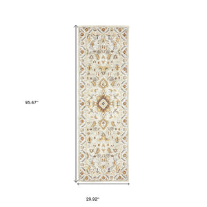 Homeroots 2' X 8' Ivory Beige Gold And Muted Grey Oriental Tufted Handmade Stain Resistant Runner Rug  Genuine Wool 508105
