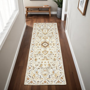 HomeRoots 10' Handmade Oriental Area Rug - Elegant Ivory, Beige & Gold Design, Stain-Resistant Luxury for Homes 2'6" x 8' 508105