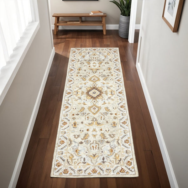 HomeRoots 10' Handmade Oriental Area Rug - Elegant Ivory, Beige & Gold Design, Stain-Resistant Luxury for Homes 2'6" x 8' 508105