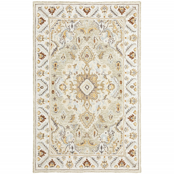 Homeroots 4' X 6' Ivory Beige Gold And Muted Grey Oriental Tufted Handmade Stain Resistant Area Rug  Genuine Wool 508106