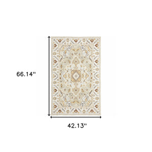 Homeroots 4' X 6' Ivory Beige Gold And Muted Grey Oriental Tufted Handmade Stain Resistant Area Rug  Genuine Wool 508106