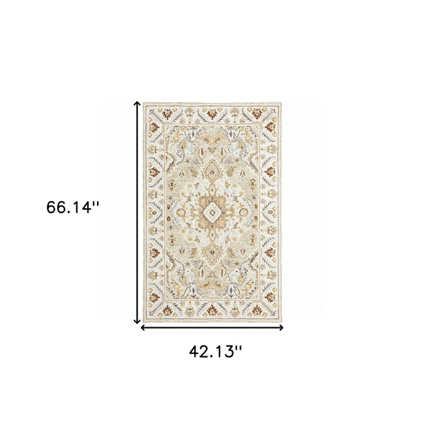 Homeroots 4' X 6' Ivory Beige Gold And Muted Grey Oriental Tufted Handmade Stain Resistant Area Rug  Genuine Wool 508106