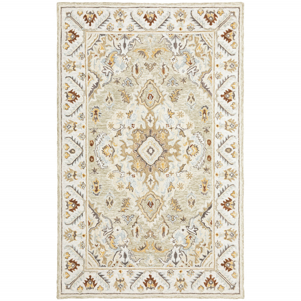 Homeroots 5' X 8' Ivory Beige Gold And Muted Grey Oriental Tufted Handmade Stain Resistant Area Rug  Genuine Wool 508107