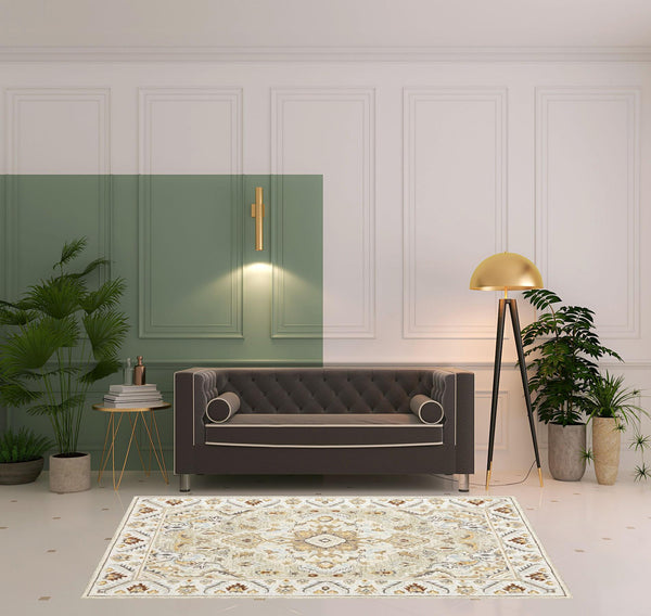 Homeroots 5' X 8' Ivory Beige Gold And Muted Grey Oriental Tufted Handmade Stain Resistant Area Rug  Genuine Wool 508107