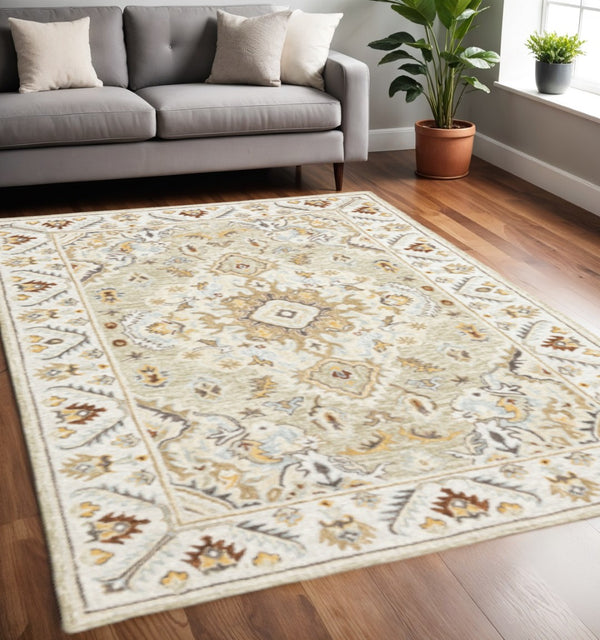 HomeRoots 10' Handmade Oriental Area Rug - Elegant Ivory, Beige & Gold Design, Stain-Resistant Luxury for Homes 5' X 8' 508107