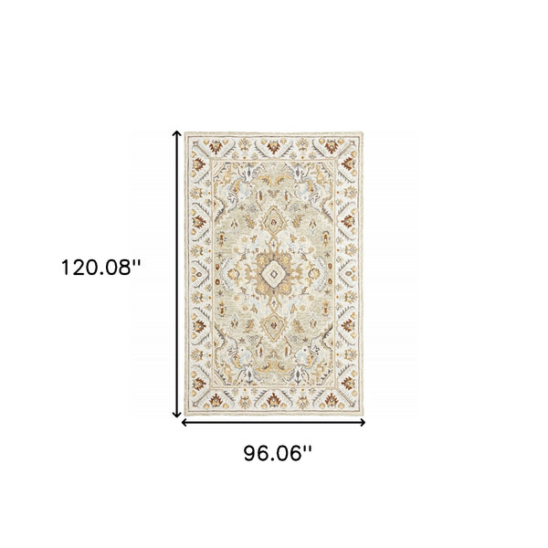Homeroots 8' X 10' Ivory Beige Gold And Muted Grey Oriental Tufted Handmade Stain Resistant Area Rug  Genuine Wool 508108