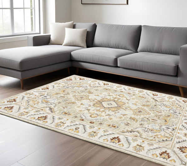 HomeRoots 10' Handmade Oriental Area Rug - Elegant Ivory, Beige & Gold Design, Stain-Resistant Luxury for Homes 8' X 10' 508108