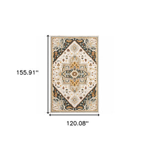 Homeroots 10' X 13' Ivory Charcoal Gold Clay And Muted Blue Oriental Tufted Handmade Stain Resistant Area Rug Ivory,Charcoal Genuine Wool 508109