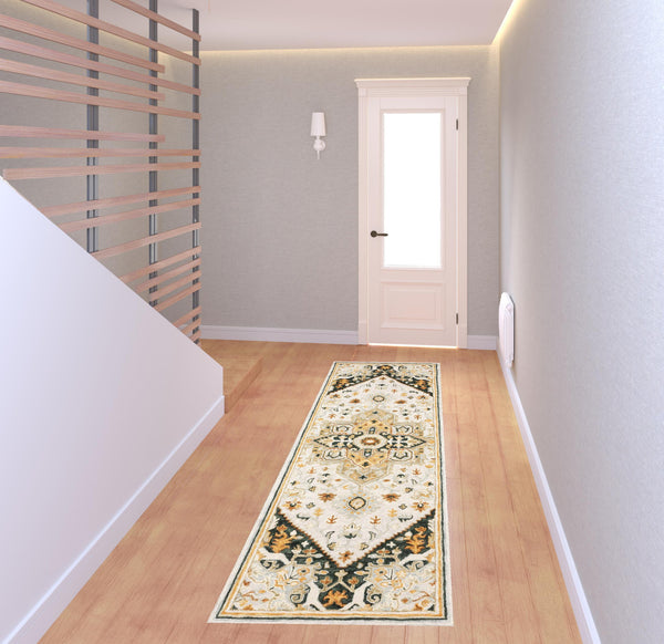 Homeroots 8' Ivory And Black Oriental Handmade Runner Rug Ivory,Charcoal Genuine Wool 508110