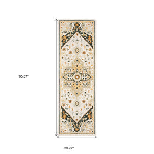 Homeroots 8' Ivory And Black Oriental Handmade Runner Rug Ivory,Charcoal Genuine Wool 508110