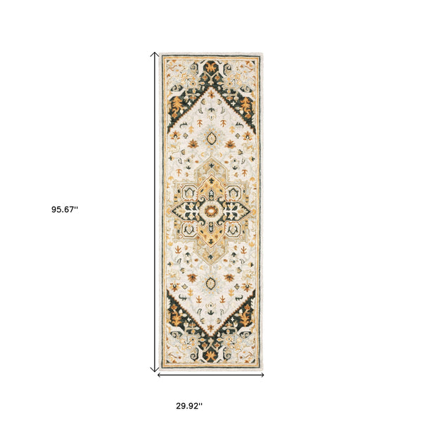 Homeroots 8' Ivory And Black Oriental Handmade Runner Rug Ivory,Charcoal Genuine Wool 508110