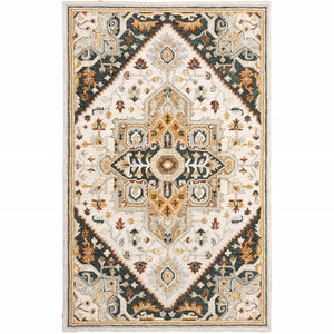 Homeroots 5' X 8' Ivory Charcoal Gold Clay And Muted Blue Oriental Tufted Handmade Stain Resistant Area Rug Ivory,Charcoal Genuine Wool 508112