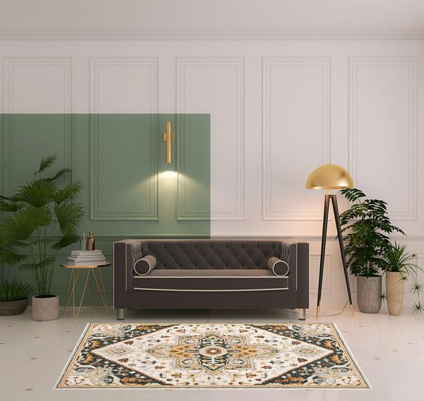 Homeroots 5' X 8' Ivory Charcoal Gold Clay And Muted Blue Oriental Tufted Handmade Stain Resistant Area Rug Ivory,Charcoal Genuine Wool 508112