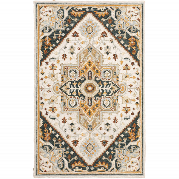 Homeroots 8' X 10' Ivory Charcoal Gold Clay And Muted Blue Oriental Tufted Handmade Stain Resistant Area Rug Ivory,Charcoal Genuine Wool 508113